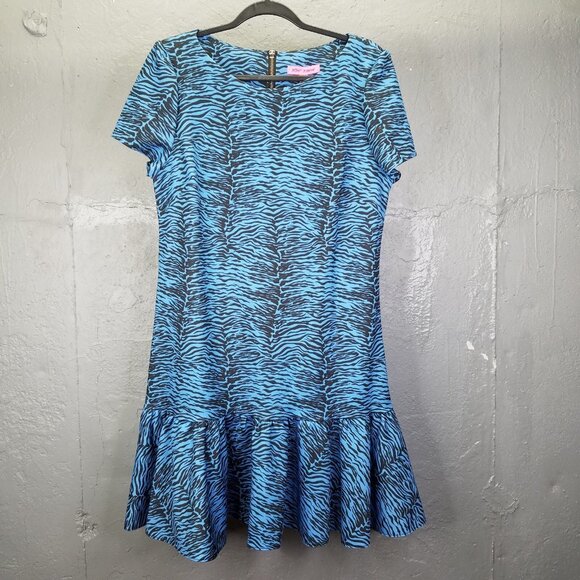 Betsey Johnson Dress Womens 14 Out In The Wild Blue Zebra Flounce Hem A-line NEW - Picture 1 of 13